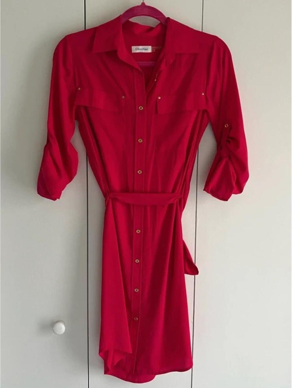 Calvin Klein Raspberry Pink Belted Shirt Dress Size 2 - Picture 2 of 5